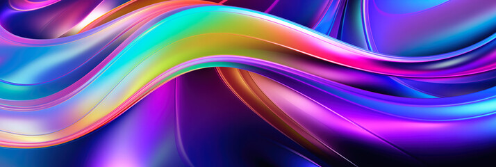 3d abstract wallpaper. Liquid metal rainbow waves banner. Three dimensional rainbow colored swirls background