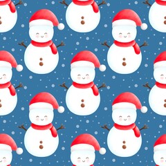 Seamless pattern with christmas snowman on blue wallpaper