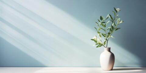 Light summer blue background with a vase and a green plant on the table. Bright sunlight and shadows from the foliage.