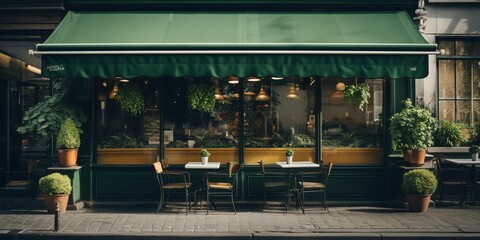Café storefront with green awning - obrazy, fototapety, plakaty