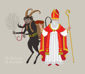 Vector illustration of St Nicholas and Krampus