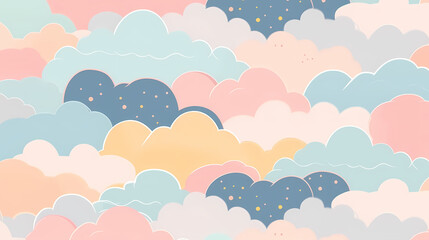 very Cute Clouds pattern, pastel bright colors, Minimalism, Clean lines, Purposeful design, Clarity, Less is more