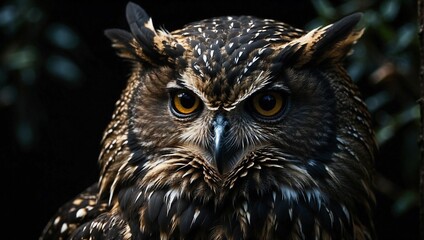 Fototapeta premium AI generated illustration of Intense gaze of an owl in the dark night