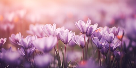Spring banner with crocus flowers in the sunlight. Beautiful blooming purple flowers.