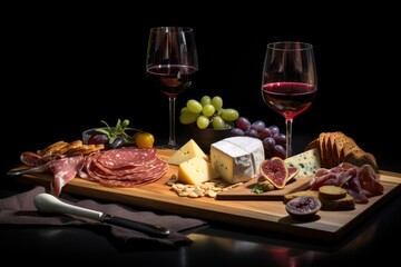 Glasses of Wine and Charcuterie Board Food Photography Featuring Fresh Meats and Cheeses