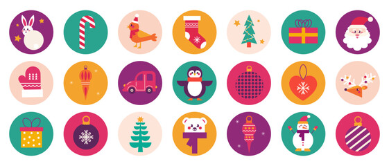 Christmas set stickers in modern geometric style. Santa, gift, ball and other festive elements. Merry Christmas and New year template, icon, sign