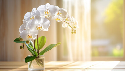 White orchid flower in a glass vase with sunlight on wooden table