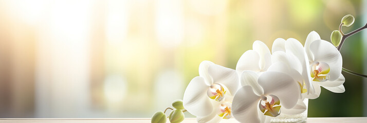 White orchid flower in a glass vase with sunlight on wooden table - obrazy, fototapety, plakaty