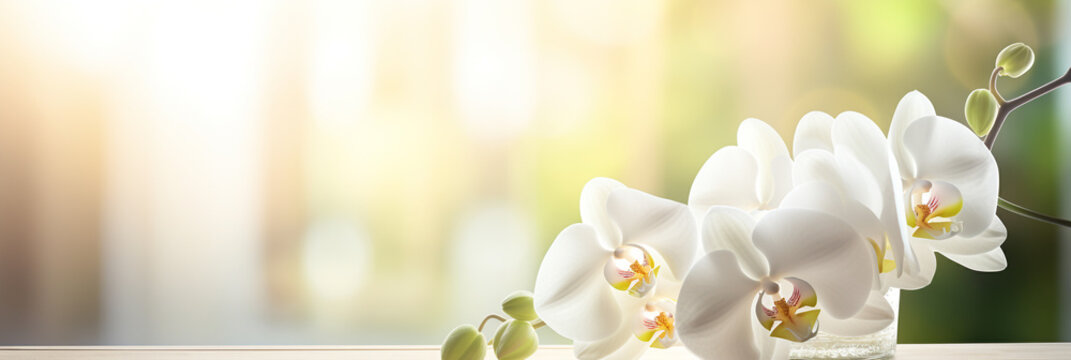 Fototapeta White orchid flower in a glass vase with sunlight on wooden table