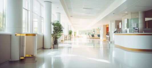 Hospital hallway or clinic interior for background, reception area in entrance hall of medical center, interior of hospital abstract medical background, health concept, blurred image