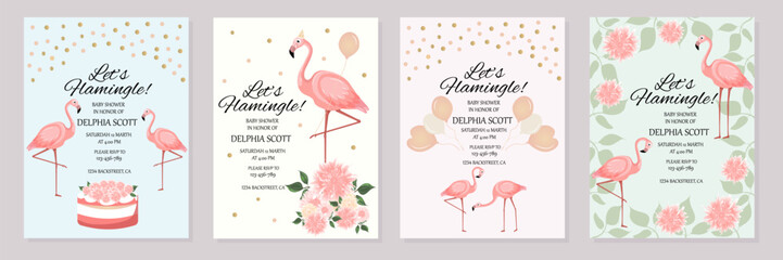 Flamingo party invitation.Baby shower invitations with flamingo cartoon character set.Birthday cards with cute animals.Wedding,Valentine's Day, baby shower,save the date,birthday.Vector illustration. © Liliy
