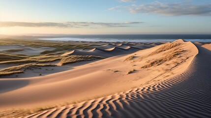 An expansive view of a coastal dune system with patterns in the sand and sparse vegetation.