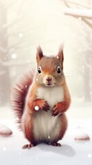 Whimsical Winter: Squirrels in Scarves on a Snowy Morning. Cute Minimalistic Illustration.