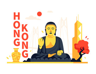Hong Kong and Buddha statue - modern colored vector illustration - obrazy, fototapety, plakaty