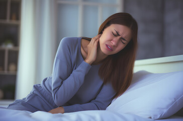Obraz premium Woman having neck pain lying in bed, female holding her neck with a heavy suffering expression on her face, poor posture, sleeping in an awkward position, muscle strain, prolonged use of a computer