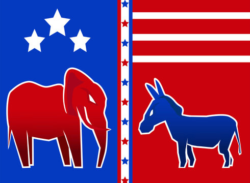 elephant and donkey animals  depicted as republican and democratic  mascot.. USA presidential election illustration