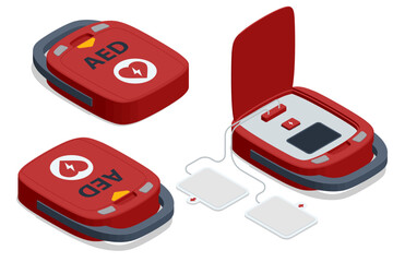 Isometric defibrillator, performing defibrillation to critical patien. First aid kit. Cardiopulmonary reanimation. Cardiopulmonary resuscitation cpr emergency procedure - obrazy, fototapety, plakaty
