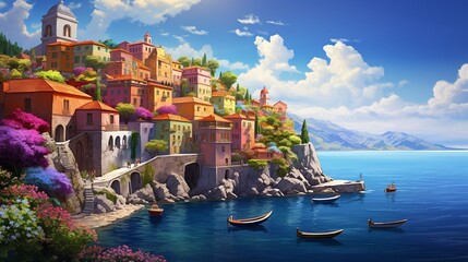 An idyllic coastal village with colorful houses nestled on a cliff overlooking the sea.
