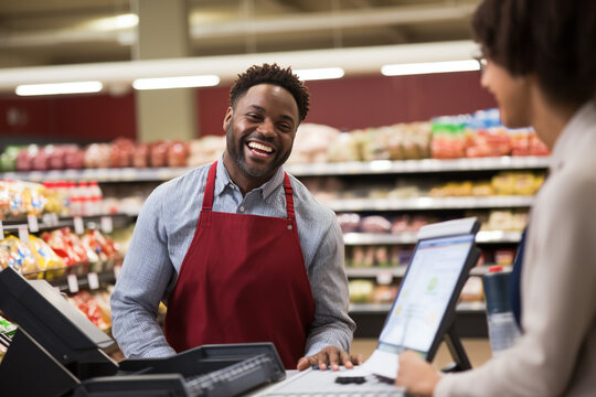 Retail Leadership: Grocery Store Manager Mentoring a New Cashier in Training