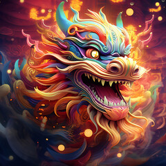 Dragon in the colorful glow and mist. New Year Chinese symbol. Color Banner with copy space.