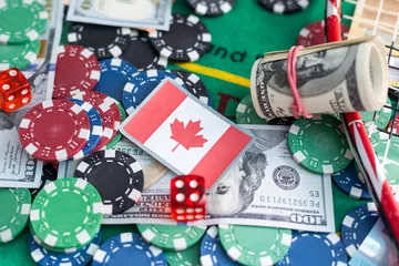 Foto op Plexiglas Online poker concept. Smartphone and poker chips on a green background. Poker online banner. Copy space. Vignette. Place for text. Gambling. Background © Angelov