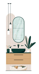 Bathroom interior design flat vector illustration. Bathroom cabinet with sink, mirror, bathroom furniture, accessories and plants. Japandi or Scandinavian interior style isolated on white