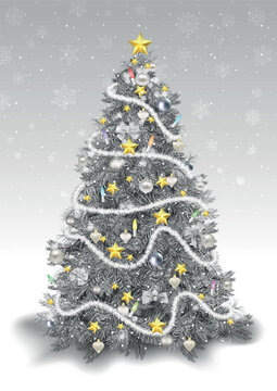 Silver Christmas Tree with Christmas Ornaments and Golden Stars with Background with Falling Snow