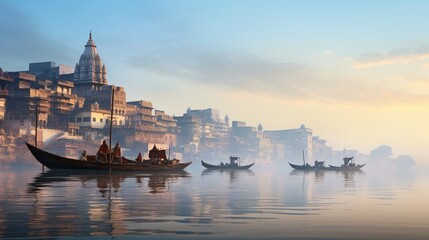 A calm morning on the Ganges River in Varanasi, India, with traditional boats and the city's...