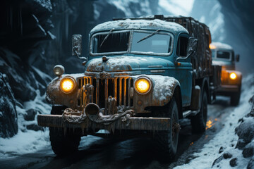 a truck drives through the road in a cave