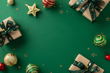 Ring in joyous season! Captivating top view image of carefully crafted gifts, luxurious balls,...