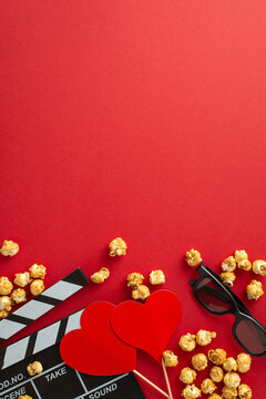 Set the mood for Valentine's with romantic movies: Vertical top view of a clapperboard, 3D spectacles, scattered popcorn, and heart-themed decor against a red background, ideal for a cozy movie night