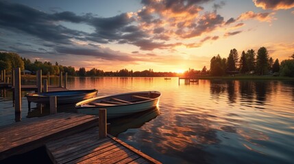 Fototapeta premium Serene Lake Scene at Sunset with Boats