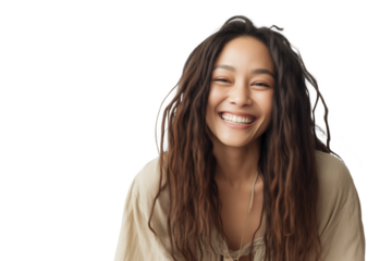 Natural woman with joyful expression on transparent