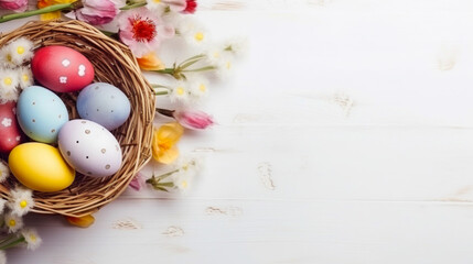 Colorful Easter eggs in the basket on the white background top view. Stylish spring template with space for text. Greeting card or banner