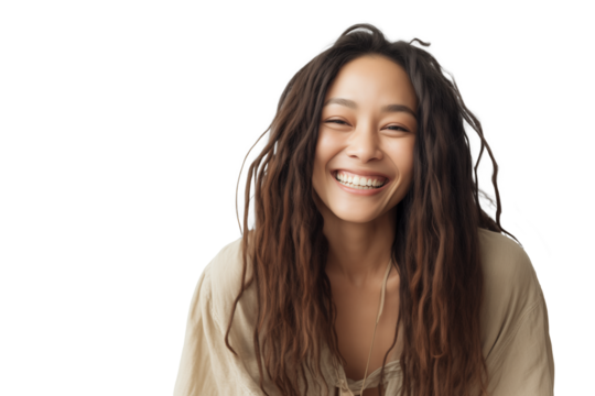 Natural woman with joyful expression on transparent