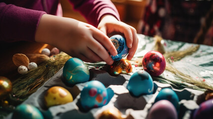 Child hand holding colored Easter eggs for painting close up