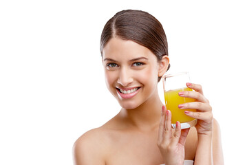 Isolated woman, orange juice and wellness in portrait, drink or detox by transparent png...