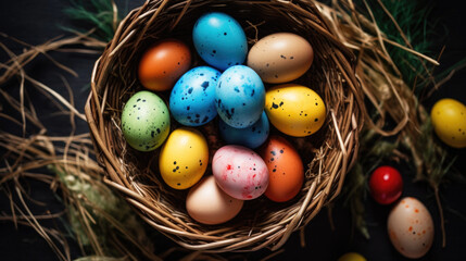 Beautiful hand painted colorful Easter eggs in a basket close up, top view