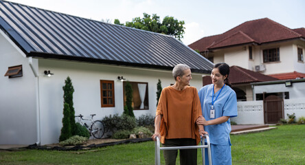 Nurse or caregiver and elderly woman support, healthcare service and health portrait at home. Medical physiotherapy, doctor helping and elderly patient with disability in home