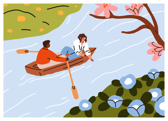 Love couple in boat in spring. Romantic date on river in nature. Man and woman valentines floating on water together, travel among blossomed flowers, resting outdoors. Flat vector illustration