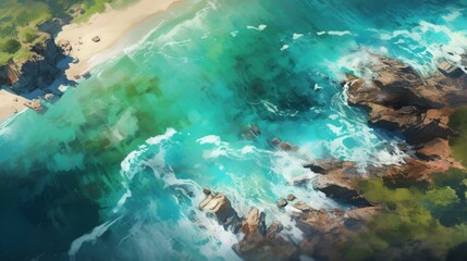 A coastal bird's-eye view of a sandy peninsula with turquoise waters on one side and a rough sea on the other.