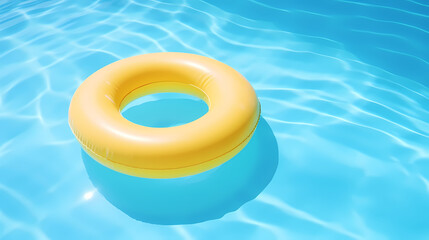 yellow swimming pool ring float in blue water. concept color summer