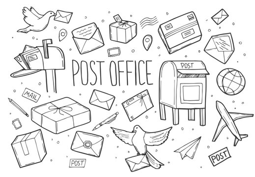 Hand drawn Post office doodle set sketches isolated on white background
