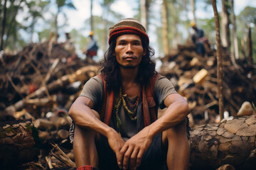 A close up middle age native american, with a dark long hair, gray and orange tshirt. Deforestation process in the background.