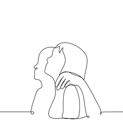 woman hugs a woman, they stand in profile and look up - one line art vector. concept looking in one direction, friends or couple