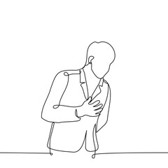 man in a jacket leaned over a little holding his hand on his heart - one line art vector. concept express respect, bow, declaration of love, gentleman, speak from the heart, heart attack