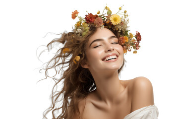 Natural Woman with Floral Wreath Laughing