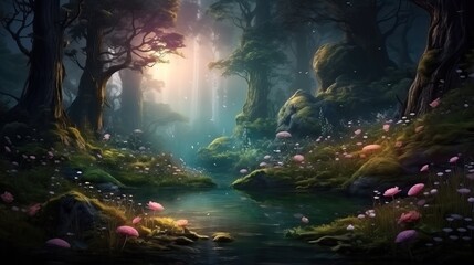 A mysterious forest landscape with fantastic plants glowing in the night darkness. Illustration of a magic tree, mushrooms and flowers growing in a clearing