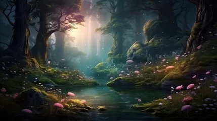 Photo sur Aluminium Forêt des fées A mysterious forest landscape with fantastic plants glowing in the night darkness. Illustration of a magic tree, mushrooms and flowers growing in a clearing