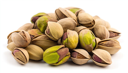 Pile of pistachios in the peel close-up on a white background